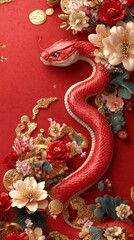 Chinese Zodiac Charming Red Snake in 3D Art: A Minimalist Chinese New Year HD Wallpaper with Floral and Gold Foil on a Crimson Background, Embracing the Festive Spirit of Lunar New Year.