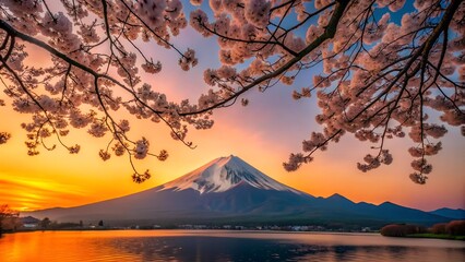 Serene Twilight Embrace: Fuji's Majesty Bathed in Sakura's Bloom generative AI