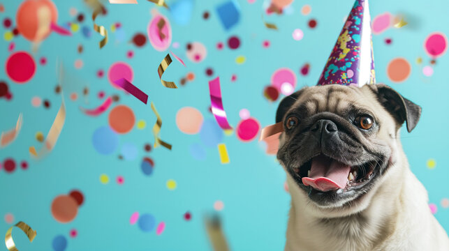 Happy pug wearing a party hat surrounded by colorful confetti on a blue background. Copy space. 	