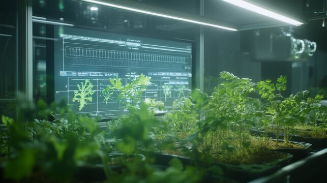 Geneediting station with holographic displays of plant genomes, researchers manipulating DNA sequences, and advanced machinery integrating with living plants