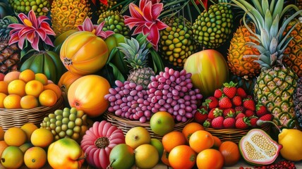 A vibrant assortment of fresh fruits, showcasing colorful pineapples, strawberries, grapes, and more in a lively display.
