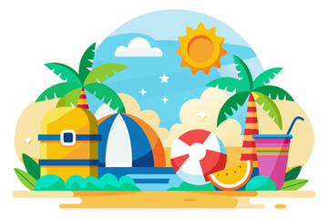 Obraz premium Summer Beach Scene with Palm Trees, Beach Umbrella, and Watermelon