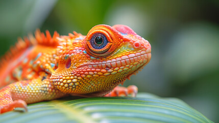 Fototapeta premium Vibrant orange lizard with intricate scales resting on a leaf. Copy space. Generative AI 