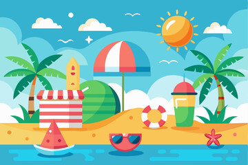 Obraz premium Tropical Beach Scene with Palm Trees, Watermelon, and Beach Umbrella