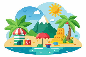 Tropical Beach Scene with Palm Trees, Sandcastle, and Mountain