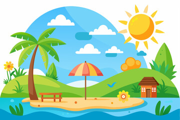 Obraz premium Idyllic Tropical Island with Palm Tree, Beach, and Cottage