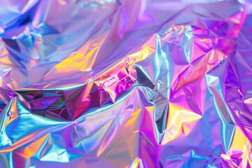 Iridescent crumpled foil background in vibrant colors reflecting light
