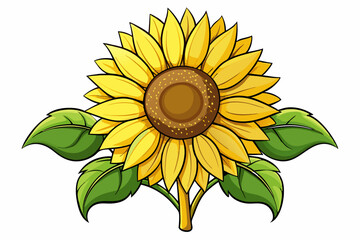 A cartoon sunflower with green leaves and a yellow center