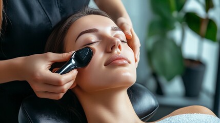 Woman enjoying a relaxing facial massage with a roller at a spa, emphasizing tranquility and self-care.