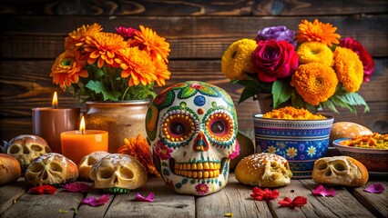 Sugar Skull Symphony: A Vibrant Day of the Dead Still Life  AI Generated