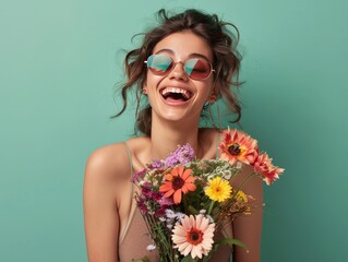 Photo of satisfied woman with trendy sunglasses dressed in a chic top holding a flower bouquet in hands laughing isolated on kelly green color background