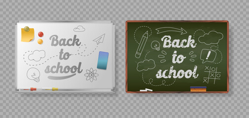 Back To School Written On A Chalkboard And Whiteboard Featuring Various Teaching Elements Such As Drawings