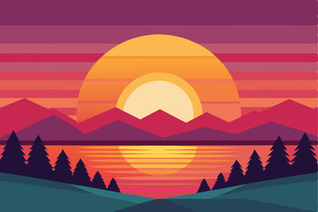 Obraz premium Sunset Over Mountains and a Lake with Trees in the Foreground
