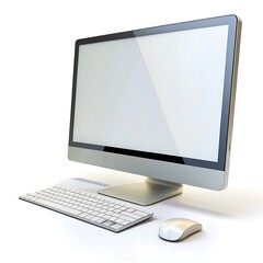 Fototapeta premium Desktop pc computer with large wide monitor, keyboard and mouse, and a blank screen. Isolated on white. 3d rendered image 