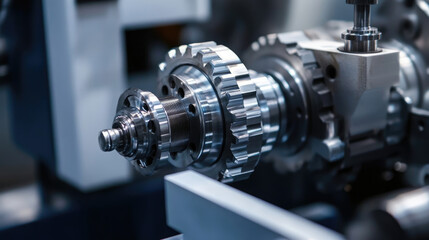 Fototapeta premium Detailed Close-Up of Engine Block Lathe with Gears in Automotive Manufacturing