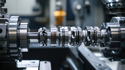 Fototapeta premium Detailed Close-Up of Engine Block Lathe with Gears in Automotive Manufacturing