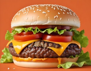 A close-up shot of a cheeseburger with a sesame seed bun, beef patty, cheese, lettuce, and tomato slices against an orange background