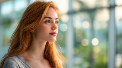 Fototapeta premium Thoughtful young woman with red hair gazing into the distance indoors. Generative AI 