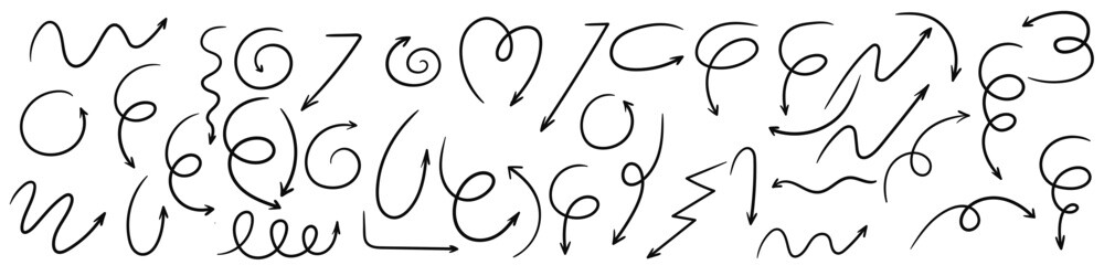 Arrow vector sketch icons set.  Swirl arrow doodle sign. Vector illustration.