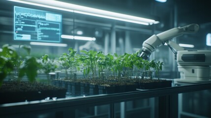 Geneediting station with holographic displays of plant genomes, researchers manipulating DNA sequences, and advanced machinery integrating with living plants
