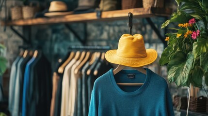 Yellow Hat Hanging Above Blue Shirt in Clothing Store