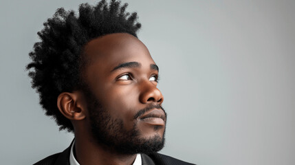  Thoughtful young man in a suit looking upwards. Copy space	
