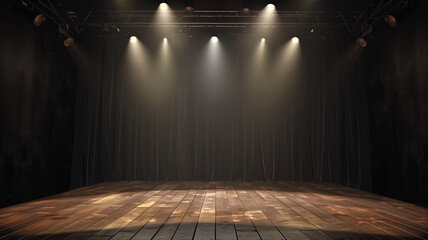 Empty Wooden Stage with Dramatic Lighting and Dark Curtains in a Theater Setting
