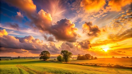 Fototapeta premium Golden Hues Paint the Sky: A Sunset Landscape of Peace and Tranquility Generative AI