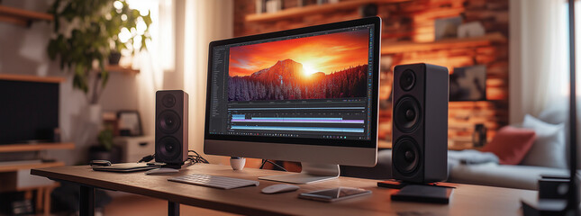 A computer is placed on a table, the screen showing a timeline of video clips being arranged and edited