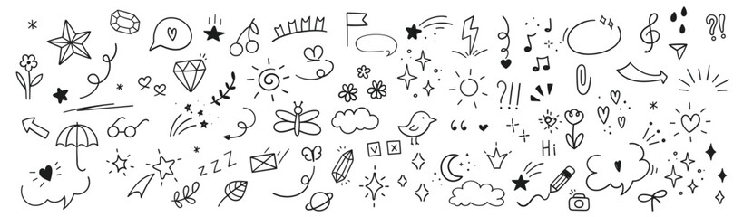 Cute Doodle pen line elements. Heart, bubble, doodle, arrow, star, icon, shiny ornaments set. Simple drawing in line style sketch, attention, lettering, text, pattern elements. Vector illustration.