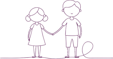 continuous single line drawing of toddler girl and boy running hand in hand, line art vector illustration