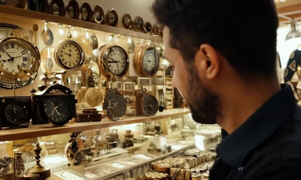 Medium shot portrait video of a welcoming pawn shop owner showcasing valuable items in a cozy shop