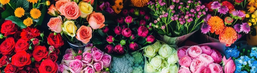 A vibrant display of various flowers in assorted colors and shapes, perfect for nature lovers and floral arrangements.