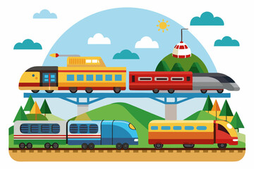 Colorful Trains on a Bridge Over a Green Landscape