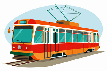 Naklejka premium Red and Orange Electric Tram with Overhead Wires