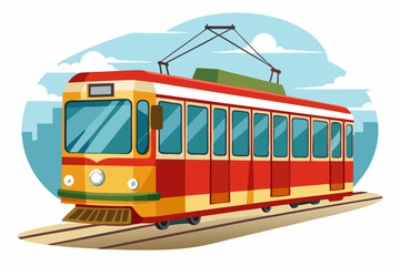 Naklejka premium Red and Yellow Tram on Tracks with a Blue Sky