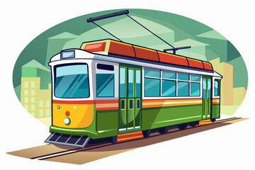 Naklejka premium A Green and Yellow Tram Traveling Through the City