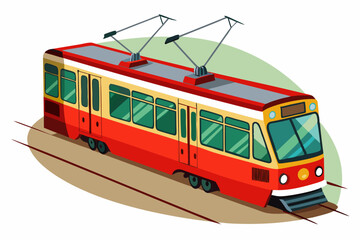 Naklejka premium Red and Yellow Tram on Tracks with Overhead Wires