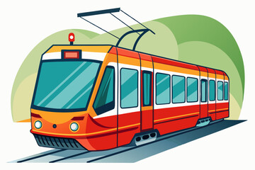 Red and Yellow Electric Tram on Tracks with Green Hills in the Background