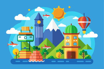 Flat Design Illustration of a Cityscape with Buildings, Mountains, and Airplanes