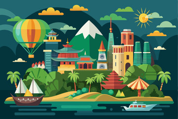 Tropical Island Cityscape with Hot Air Balloon and Boats