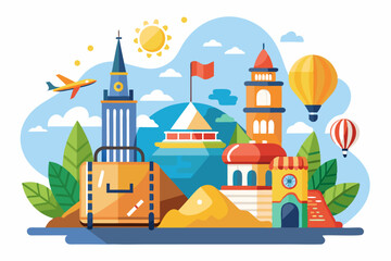 Fototapeta premium Travel Illustration Featuring Luggage, Airplane, Hot Air Balloons, and City Buildings