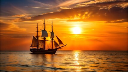 Fototapeta premium A Symphony of Sunsets: A Sailing Vessel Embracing the Golden Hour Generative AI