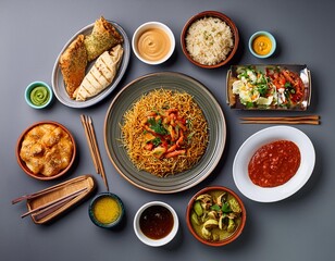 From above of various eastern dishes and snacks arranged with sauces and cutlery on gray surface