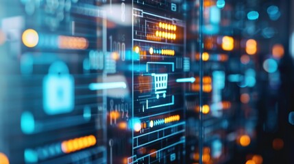 A close-up of an abstract digital interface featuring a shopping cart icon, representing e-commerce, technology, and online shopping in a futuristic environment.