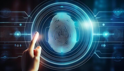 Obraz premium Futuristic touch interaction with digital interface. Biometric prints. Generative AI image