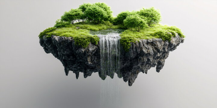  3D rendering of a floating island with a waterfall and trees isolated on a grey background