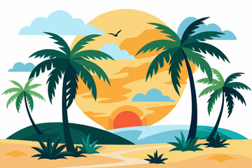 Obraz premium Tropical Sunset Beach Scene with Palm Trees and Clouds