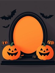 Halloween display with jack-o'-lanterns and bats on a dark background with an orange frame.