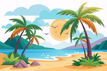 Tropical Beach Landscape with Palm Trees and Sun